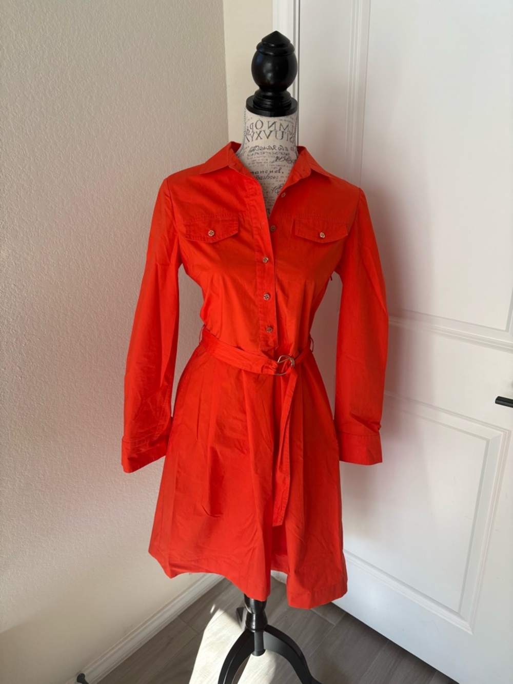 Tory Burch Bright Orange Long-Sleeve Shirt Dress with Belt